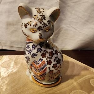 Vintage porcelain Cat Made in Japan Flowes leaves Navy Red Gold Accents